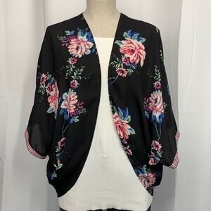 Meraki Kimono Black/Pink/Blue Floral With Embroidered Sleeves, Size Medium